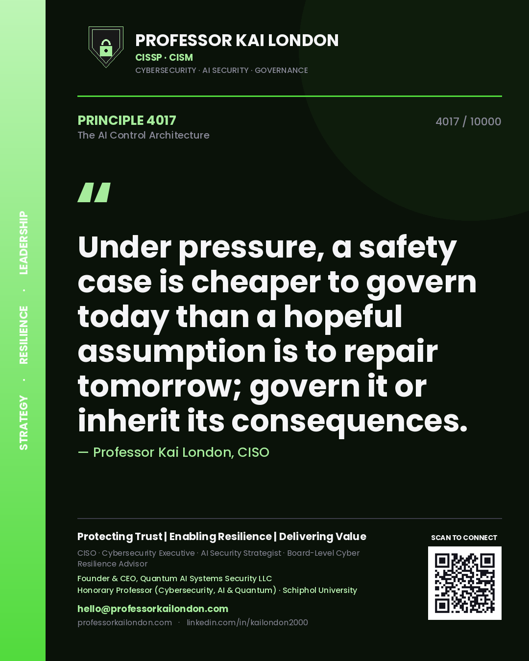 Professor Kai London principle 4017: Under pressure, a safety case is cheaper to govern today than a hopeful assumption is to repair tomorrow; govern it or inherit its consequences.