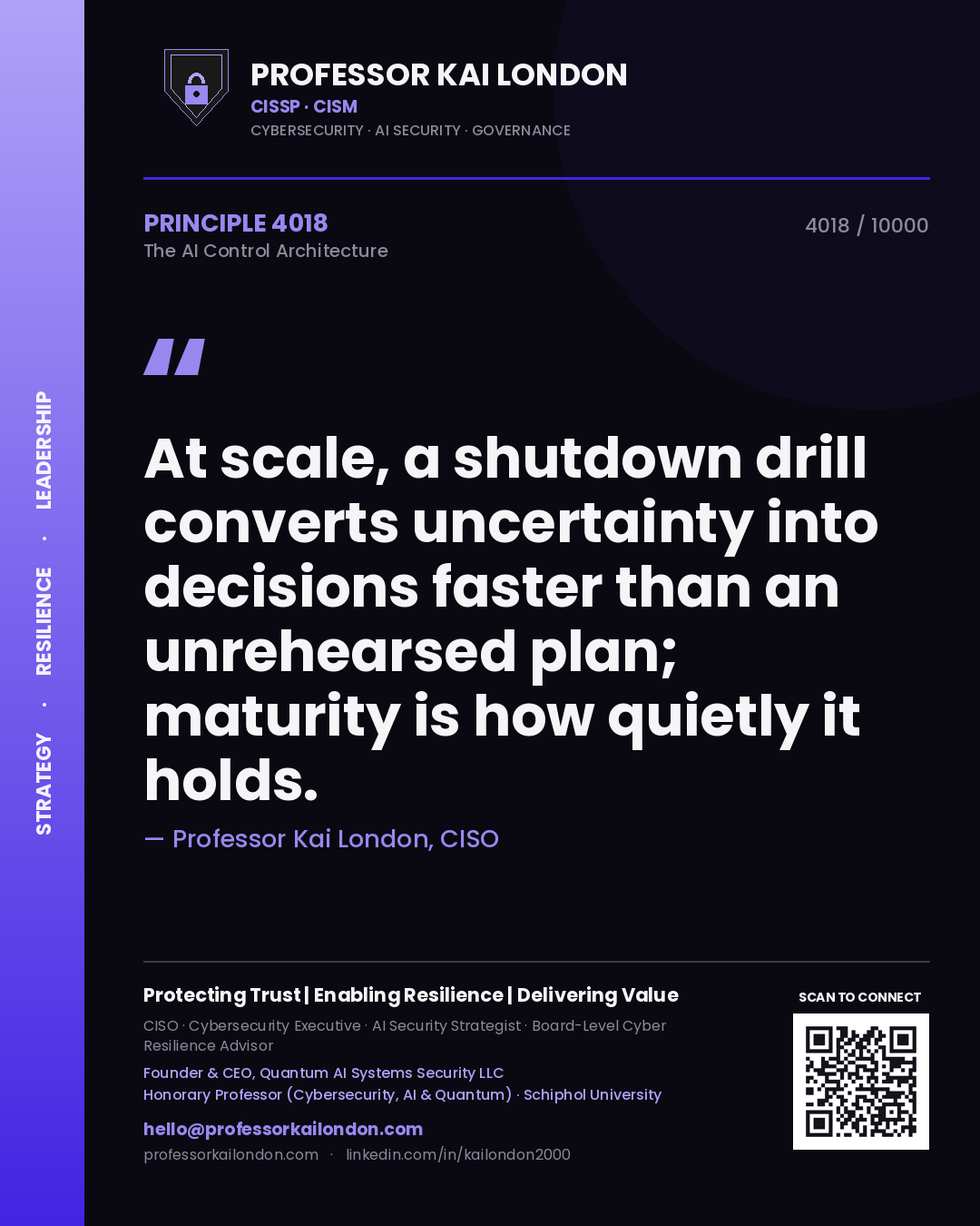 Quote card by Professor Kai London reading 'At scale, a shutdown drill converts uncertainty into decisions faster than an unrehearsed plan; maturity is how quietly it holds.'. From the book The AI Control Architecture.