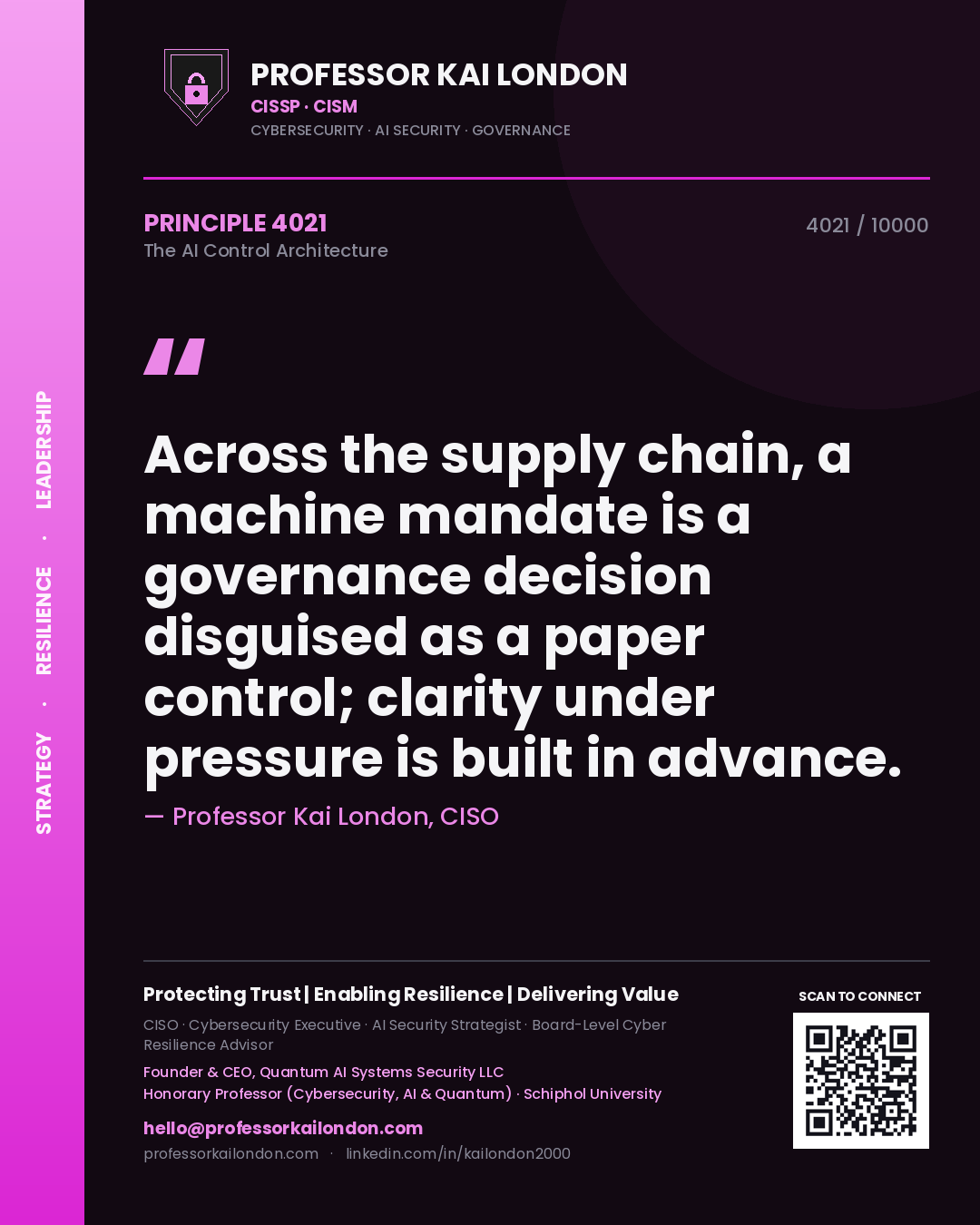 Quote card by Professor Kai London reading 'Across the supply chain, a machine mandate is a governance decision disguised as a paper control; clarity under pressure is built in advance.'. From the book The AI Control Architecture.