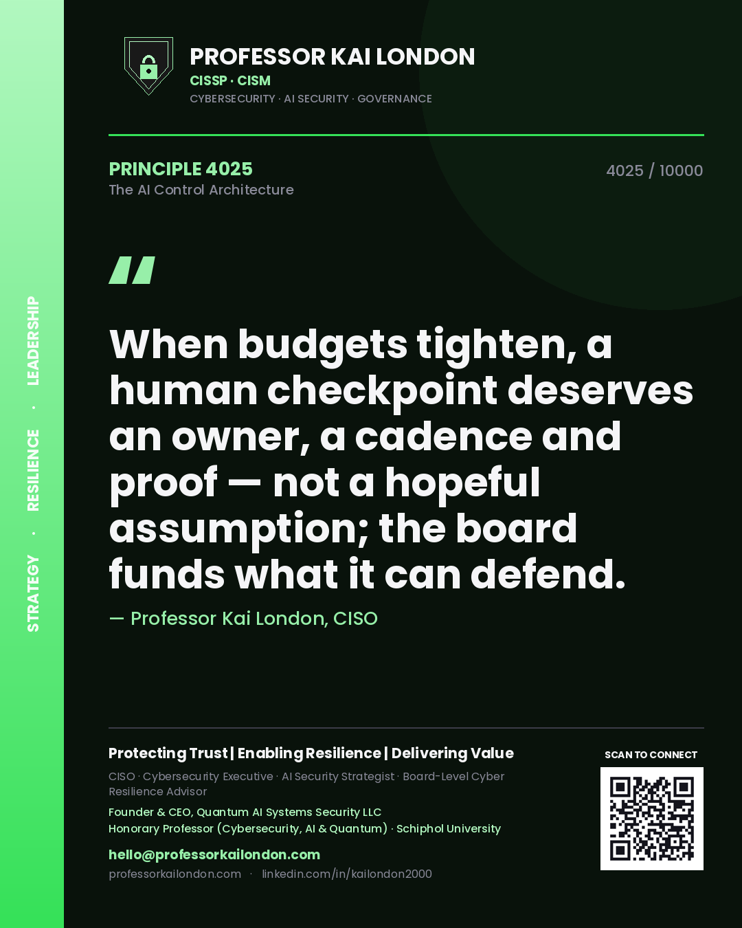 Quote card by Professor Kai London reading 'When budgets tighten, a human checkpoint deserves an owner, a cadence and proof — not a hopeful assumption; the board funds what it can defend.'. From the book The AI Control Architecture.