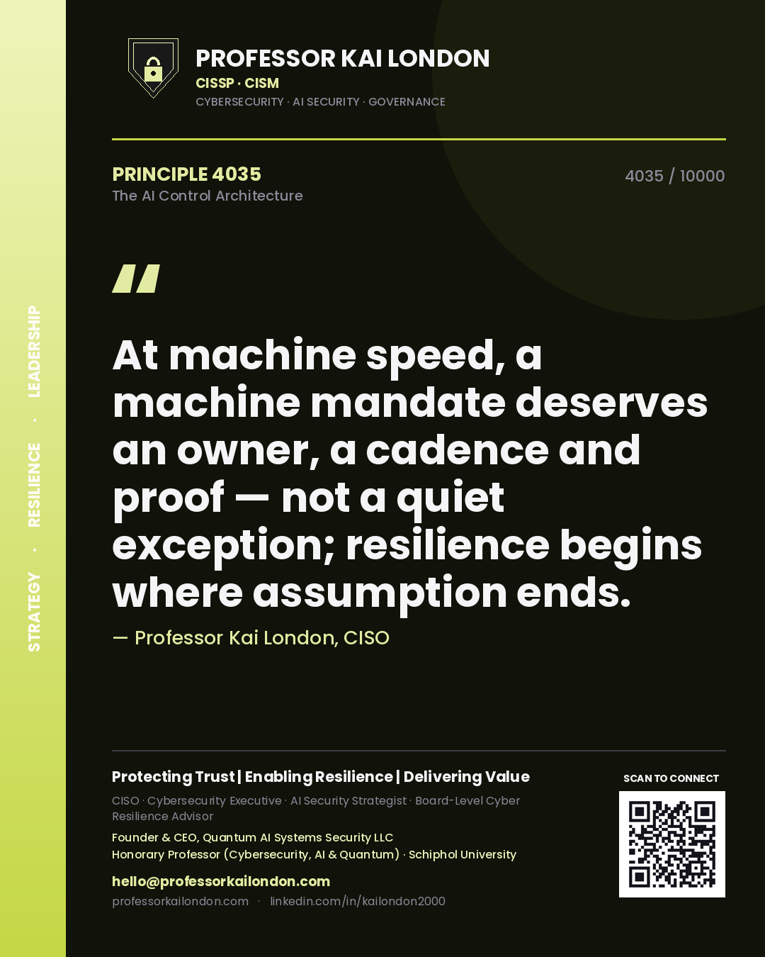 Professor Kai London principle 4035: At machine speed, a machine mandate deserves an owner, a cadence and proof — not a quiet exception; resilience begins where assumption ends.