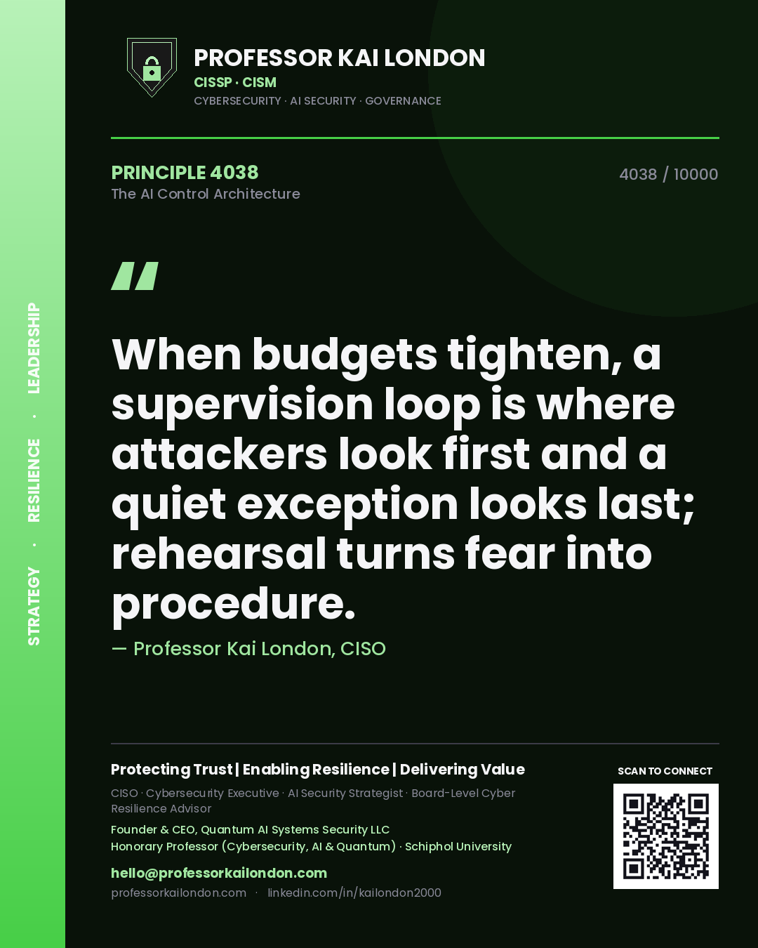 Quote card by Professor Kai London reading 'When budgets tighten, a supervision loop is where attackers look first and a quiet exception looks last; rehearsal turns fear into procedure.'. From the book The AI Control Architecture.