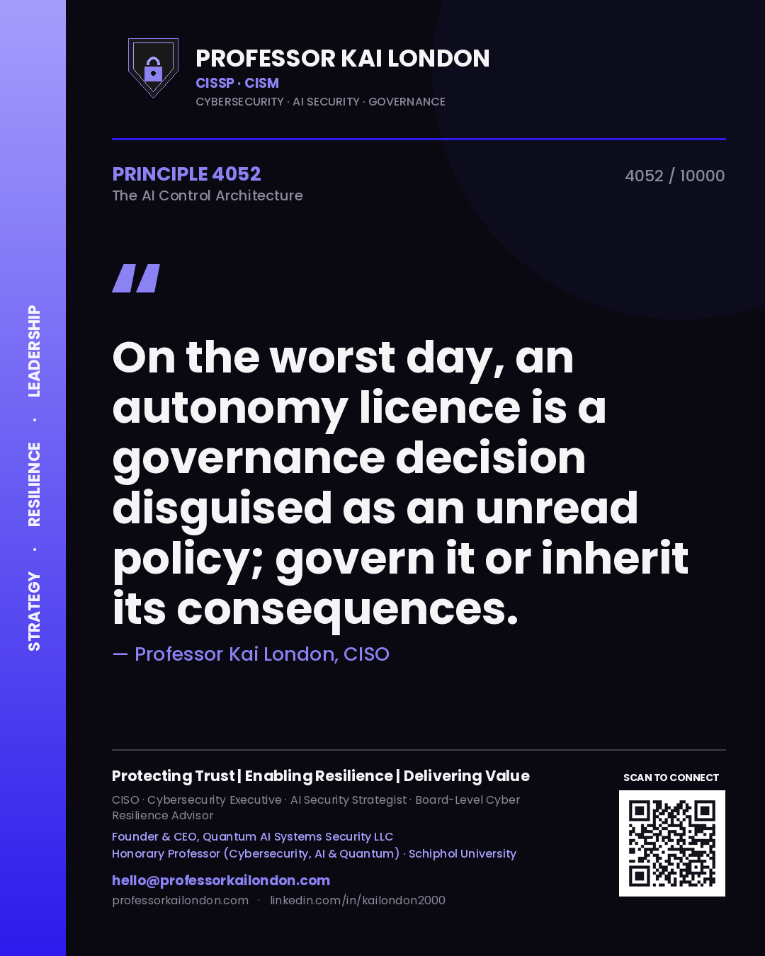 Quote card by Professor Kai London reading 'On the worst day, an autonomy licence is a governance decision disguised as an unread policy; govern it or inherit its consequences.'. From the book The AI Control Architecture.