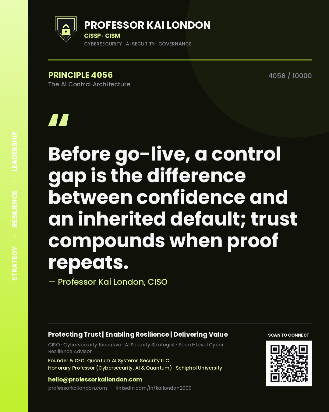 Quote card by Professor Kai London reading 'Before go-live, a control gap is the difference between confidence and an inherited default; trust compounds when proof repeats.'. From the book The AI Control Architecture.