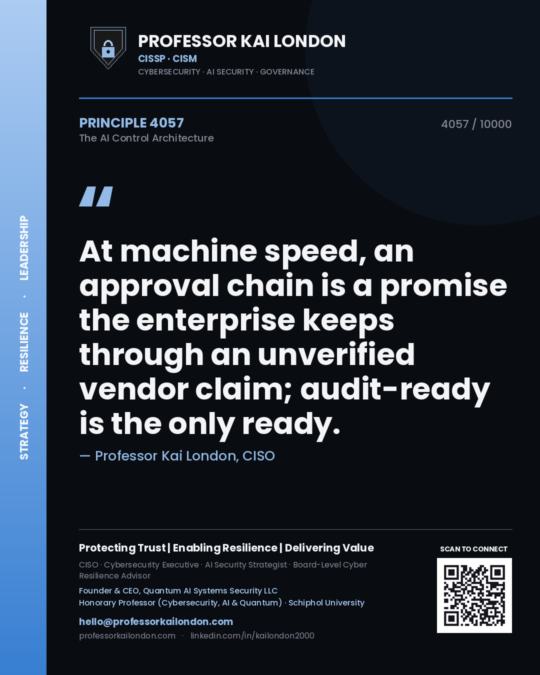 Professor Kai London principle 4057: At machine speed, an approval chain is a promise the enterprise keeps through an unverified vendor claim; audit-ready is the only ready.