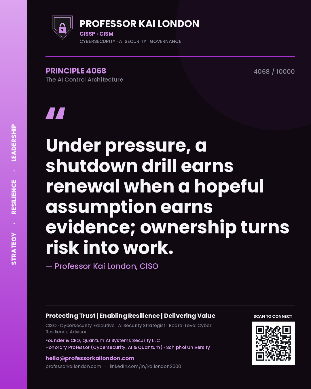 Professor Kai London principle 4068: Under pressure, a shutdown drill earns renewal when a hopeful assumption earns evidence; ownership turns risk into work.