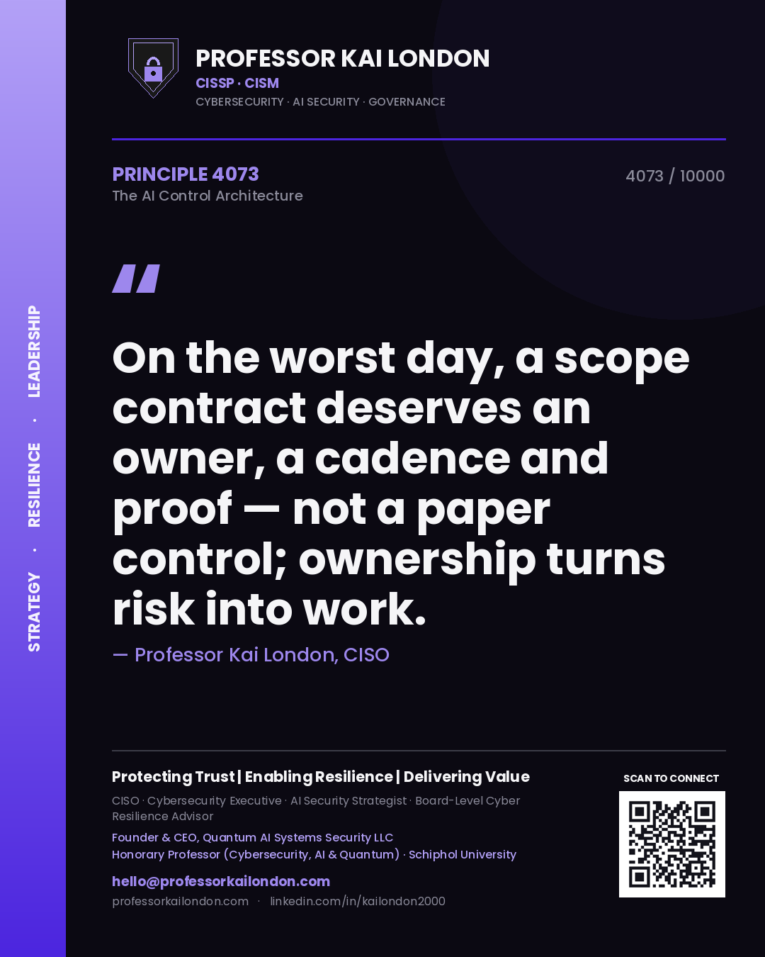 Quote card by Professor Kai London reading 'On the worst day, a scope contract deserves an owner, a cadence and proof — not a paper control; ownership turns risk into work.'. From the book The AI Control Architecture.