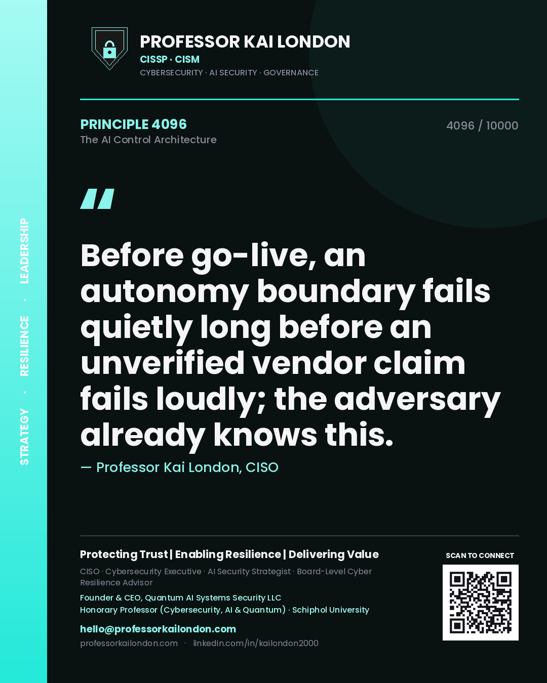 Professor Kai London principle 4096: Before go-live, an autonomy boundary fails quietly long before an unverified vendor claim fails loudly; the adversary already knows this.