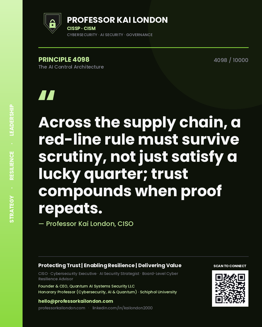 Professor Kai London principle 4098: Across the supply chain, a red-line rule must survive scrutiny, not just satisfy a lucky quarter; trust compounds when proof repeats.