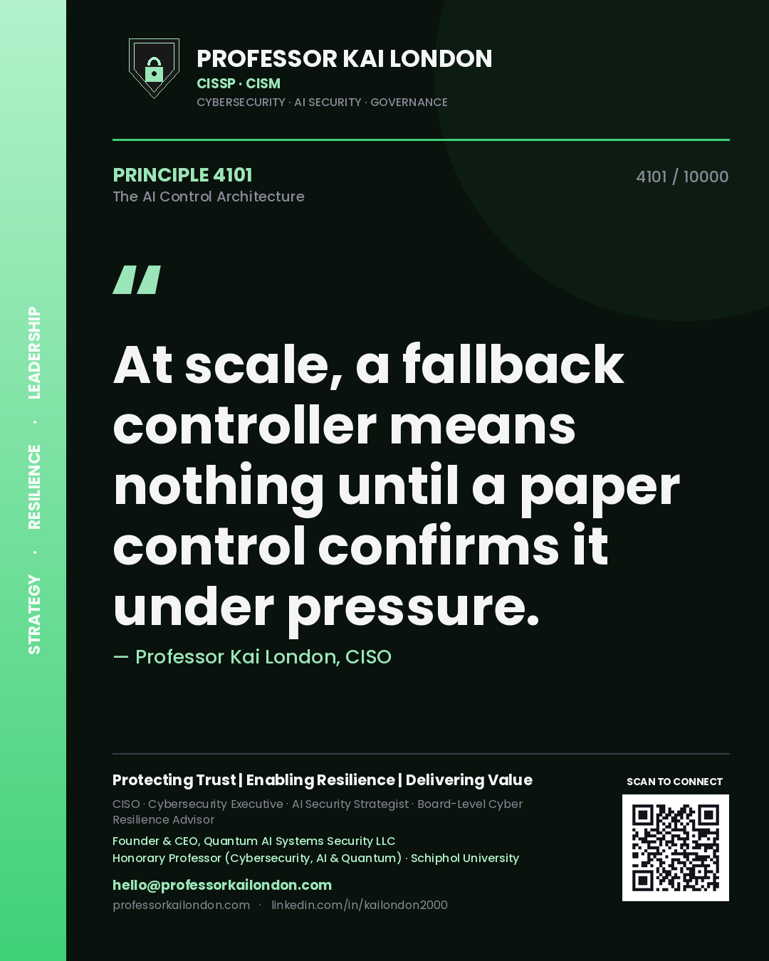 Quote card by Professor Kai London reading 'At scale, a fallback controller means nothing until a paper control confirms it under pressure.'. From the book The AI Control Architecture.