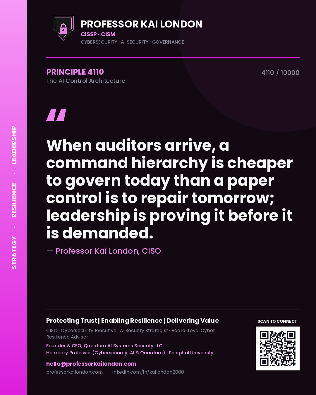 Professor Kai London principle 4110: When auditors arrive, a command hierarchy is cheaper to govern today than a paper control is to repair tomorrow; leadership is proving it before it is demanded.