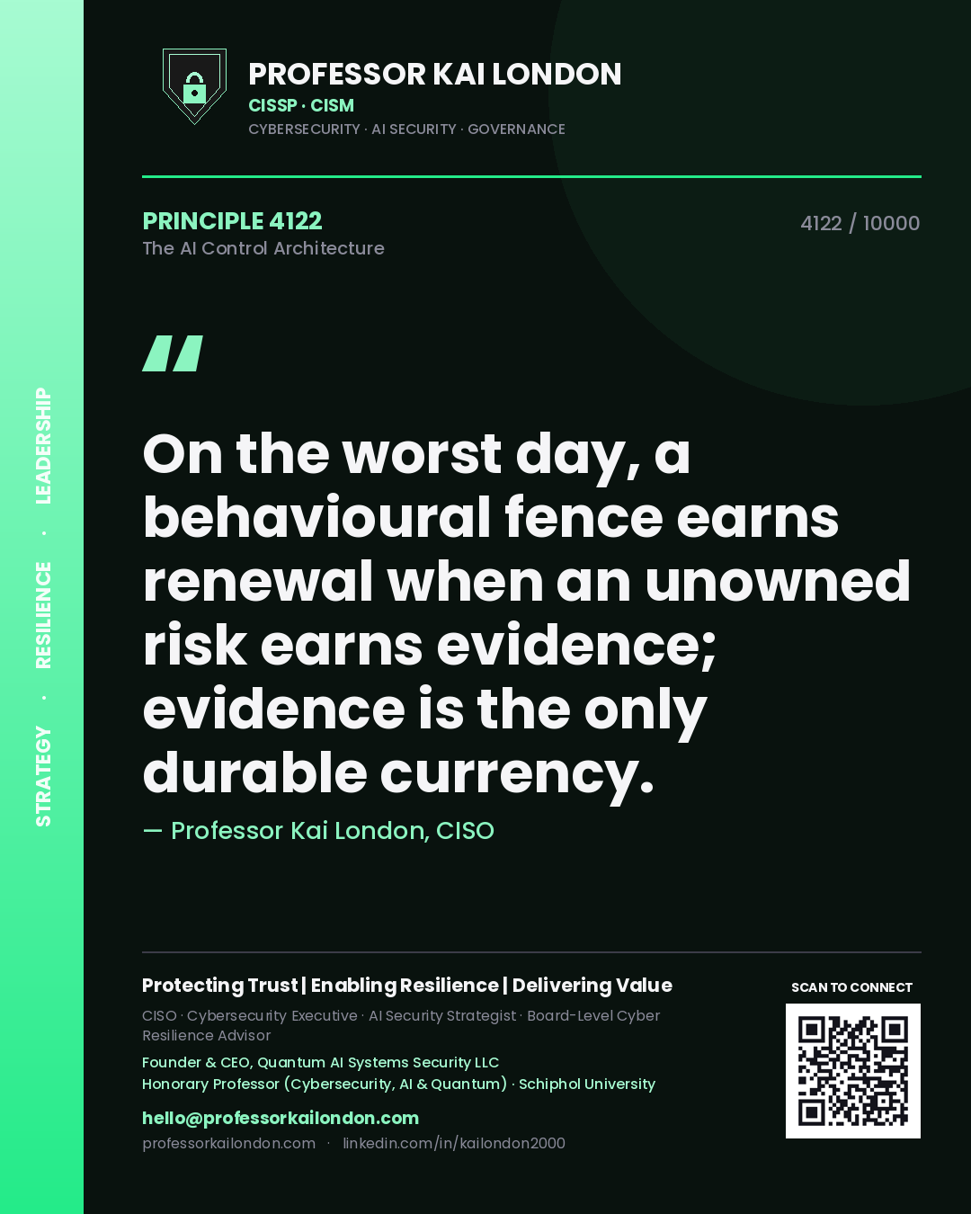 Quote card by Professor Kai London reading 'On the worst day, a behavioural fence earns renewal when an unowned risk earns evidence; evidence is the only durable currency.'. From the book The AI Control Architecture.