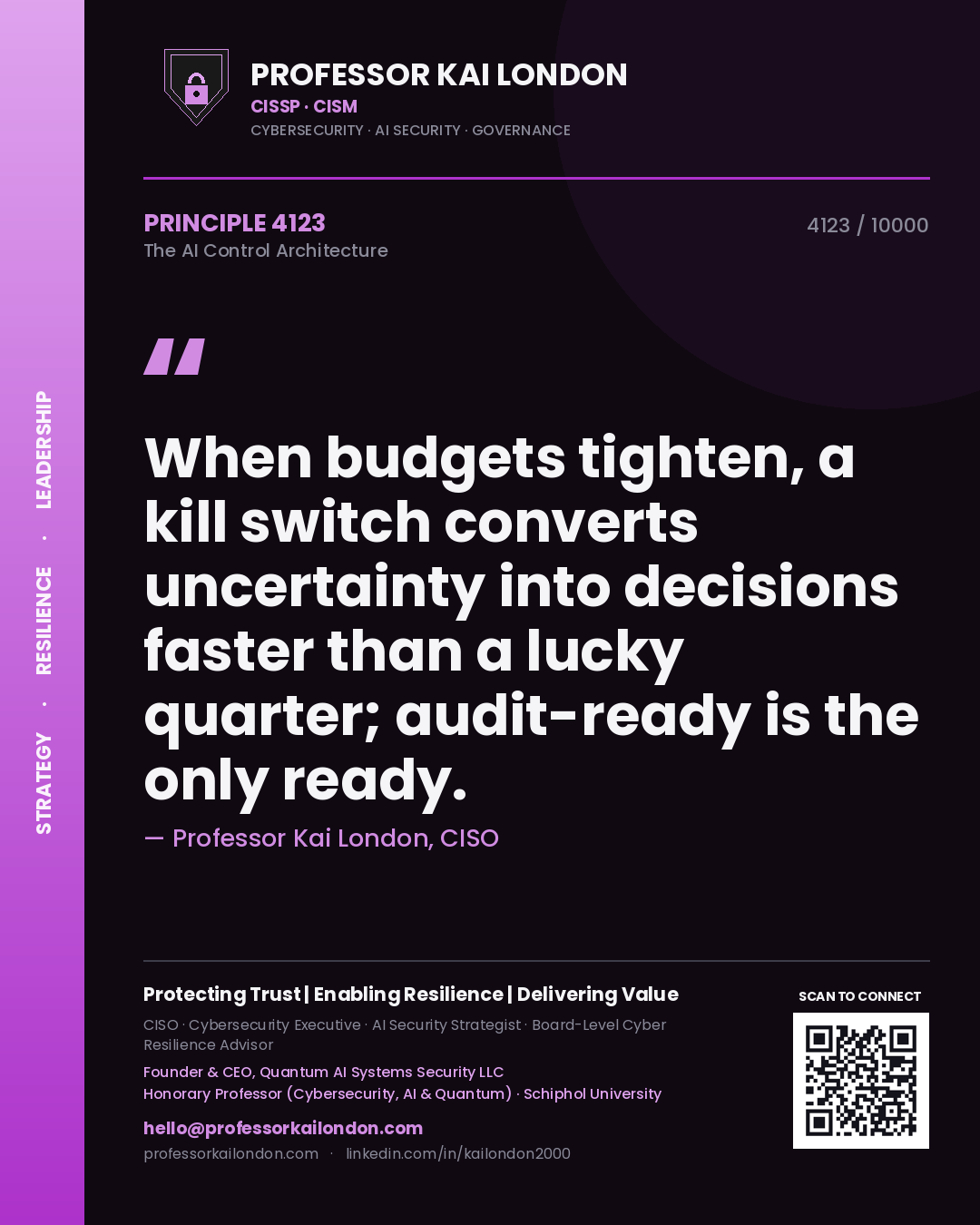 Quote card by Professor Kai London reading 'When budgets tighten, a kill switch converts uncertainty into decisions faster than a lucky quarter; audit-ready is the only ready.'. From the book The AI Control Architecture.