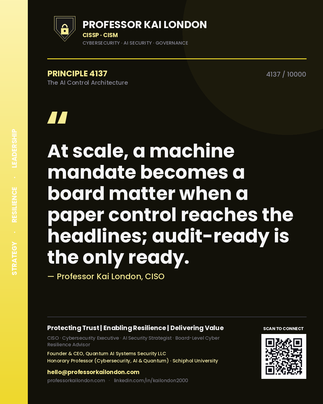 Quote card by Professor Kai London reading 'At scale, a machine mandate becomes a board matter when a paper control reaches the headlines; audit-ready is the only ready.'. From the book The AI Control Architecture.