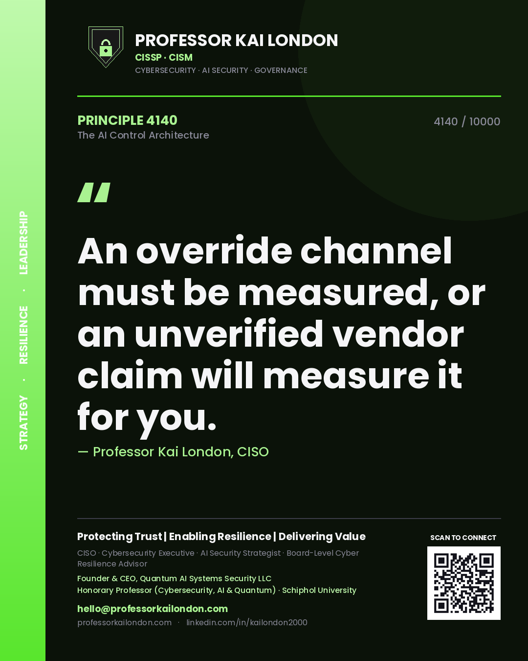 Quote card by Professor Kai London reading 'An override channel must be measured, or an unverified vendor claim will measure it for you.'. From the book The AI Control Architecture.