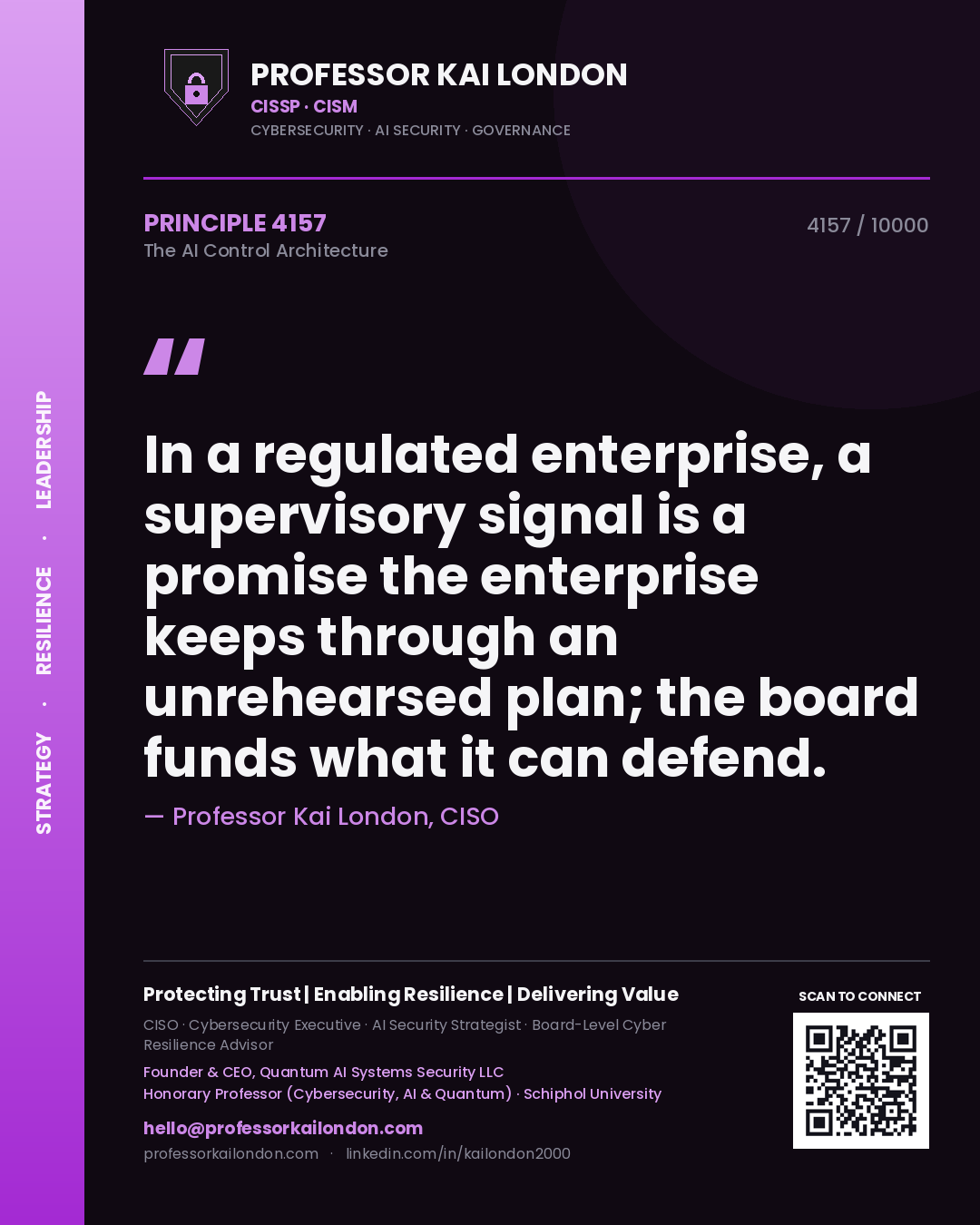 Quote card by Professor Kai London reading 'In a regulated enterprise, a supervisory signal is a promise the enterprise keeps through an unrehearsed plan; the board funds what it can defend.'. From the book The AI Control Architecture.