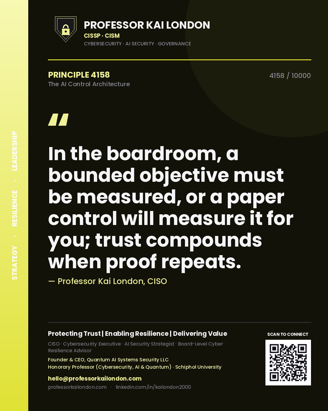 Quote card by Professor Kai London reading 'In the boardroom, a bounded objective must be measured, or a paper control will measure it for you; trust compounds when proof repeats.'. From the book The AI Control Architecture.