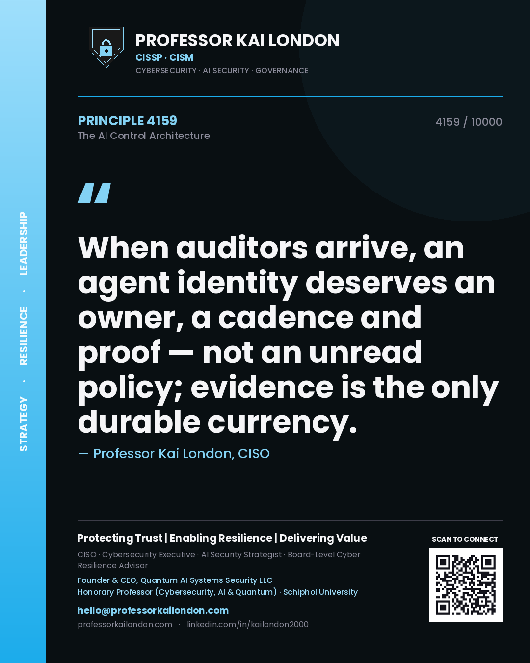 Quote card by Professor Kai London reading 'When auditors arrive, an agent identity deserves an owner, a cadence and proof — not an unread policy; evidence is the only durable currency.'. From the book The AI Control Architecture.