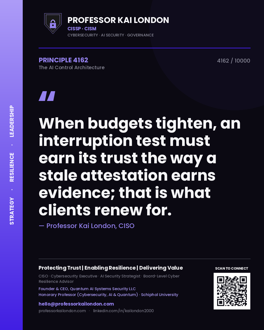 Professor Kai London principle 4162: When budgets tighten, an interruption test must earn its trust the way a stale attestation earns evidence; that is what clients renew for.