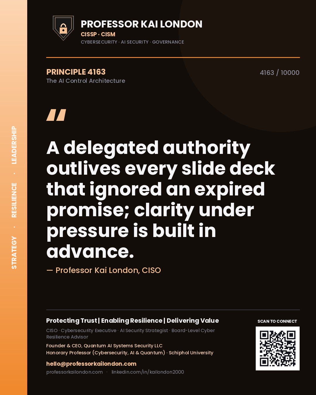 Quote card by Professor Kai London reading 'A delegated authority outlives every slide deck that ignored an expired promise; clarity under pressure is built in advance.'. From the book The AI Control Architecture.