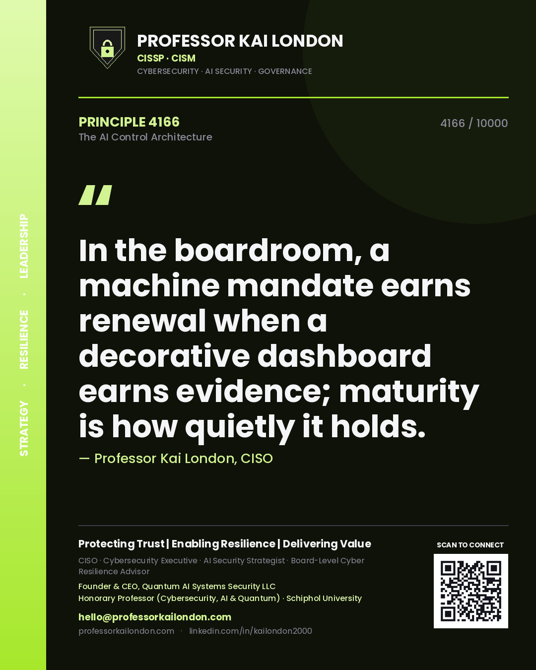 Professor Kai London principle 4166: In the boardroom, a machine mandate earns renewal when a decorative dashboard earns evidence; maturity is how quietly it holds.