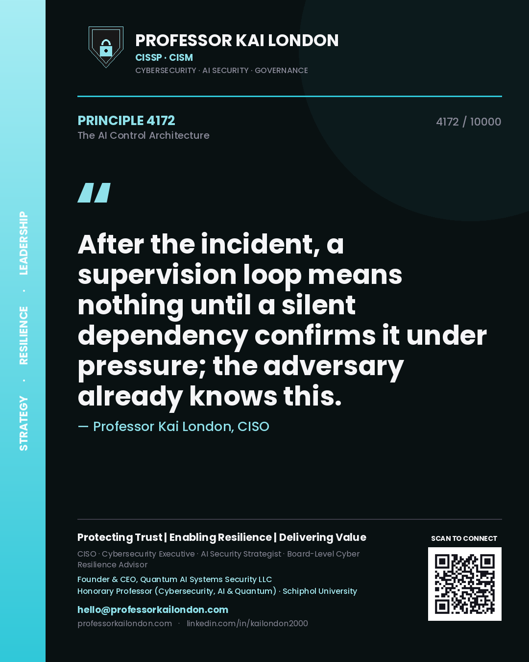 Professor Kai London principle 4172: After the incident, a supervision loop means nothing until a silent dependency confirms it under pressure; the adversary already knows this.