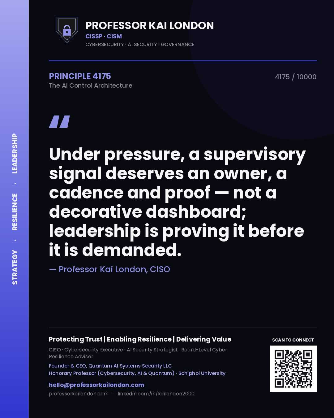 Quote card by Professor Kai London reading 'Under pressure, a supervisory signal deserves an owner, a cadence and proof — not a decorative dashboard; leadership is proving it before it is demanded.'. From the book The AI Control Architecture.