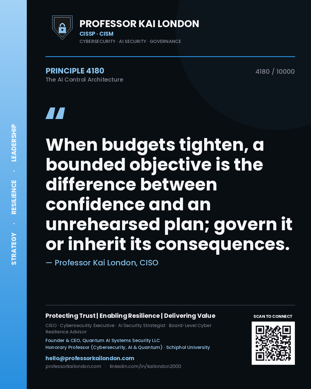Quote card by Professor Kai London reading 'When budgets tighten, a bounded objective is the difference between confidence and an unrehearsed plan; govern it or inherit its consequences.'. From the book The AI Control Architecture.