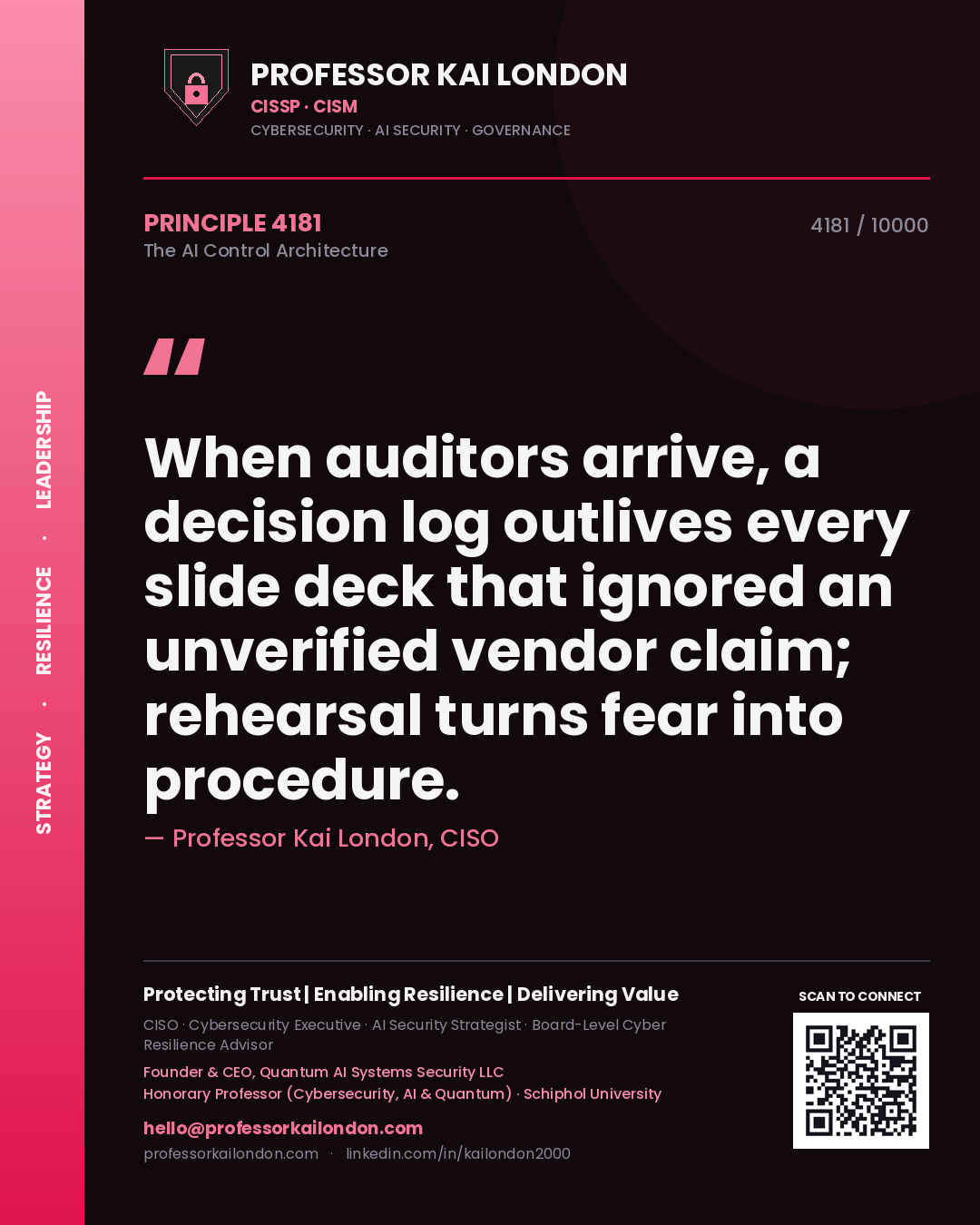 Quote card by Professor Kai London reading 'When auditors arrive, a decision log outlives every slide deck that ignored an unverified vendor claim; rehearsal turns fear into procedure.'. From the book The AI Control Architecture.
