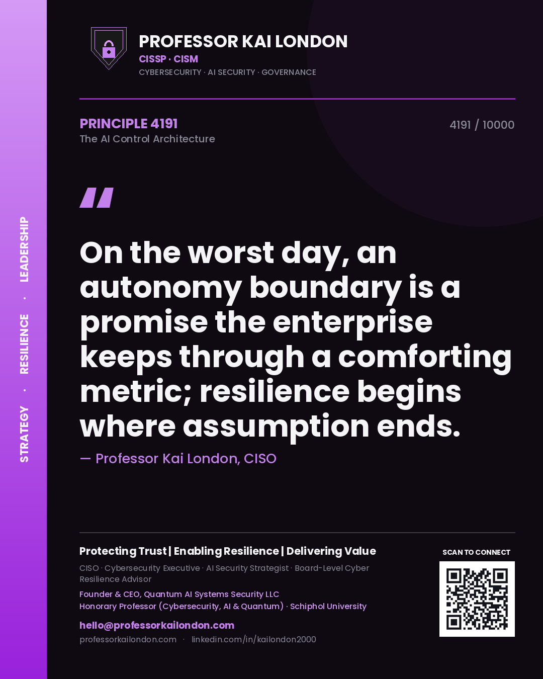 Quote card by Professor Kai London reading 'On the worst day, an autonomy boundary is a promise the enterprise keeps through a comforting metric; resilience begins where assumption ends.'. From the book The AI Control Architecture.
