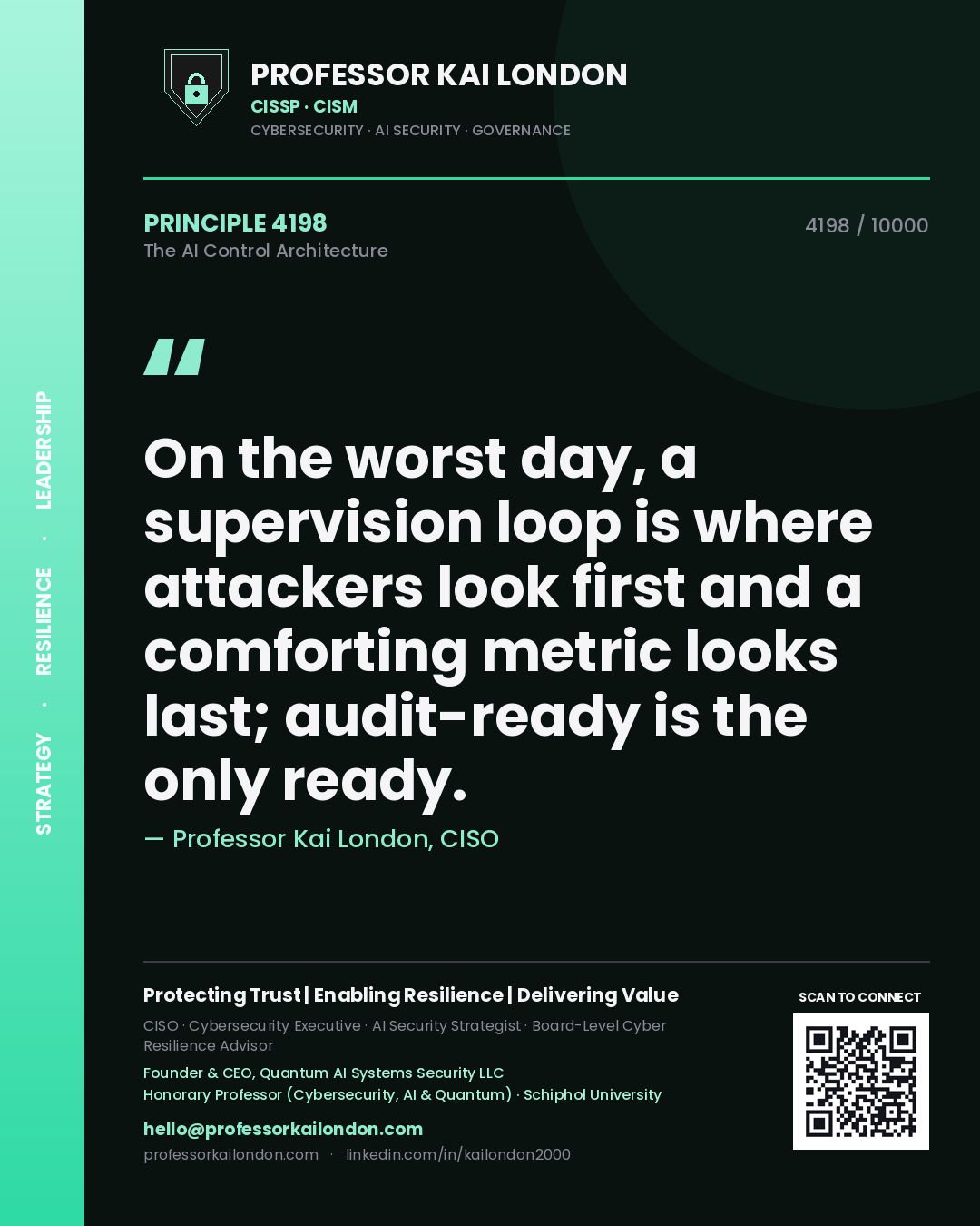 Quote card by Professor Kai London reading 'On the worst day, a supervision loop is where attackers look first and a comforting metric looks last; audit-ready is the only ready.'. From the book The AI Control Architecture.