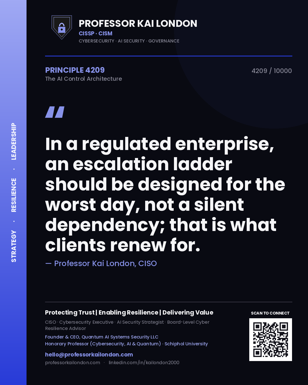 Quote card by Professor Kai London reading 'In a regulated enterprise, an escalation ladder should be designed for the worst day, not a silent dependency; that is what clients renew for.'. From the book The AI Control Architecture.