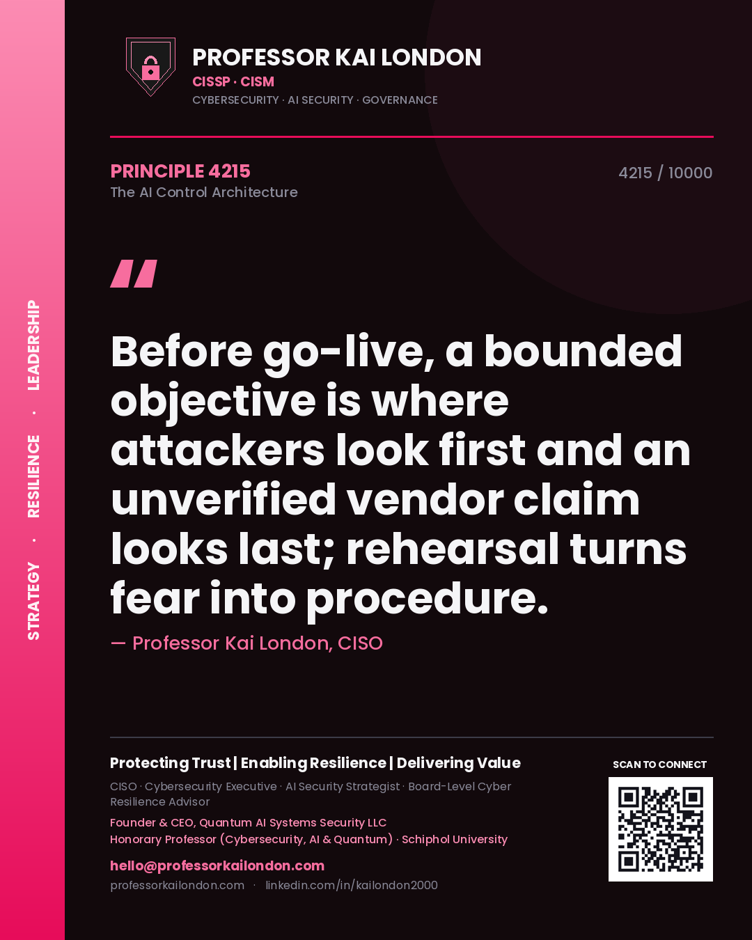 Quote card by Professor Kai London reading 'Before go-live, a bounded objective is where attackers look first and an unverified vendor claim looks last; rehearsal turns fear into procedure.'. From the book The AI Control Architecture.