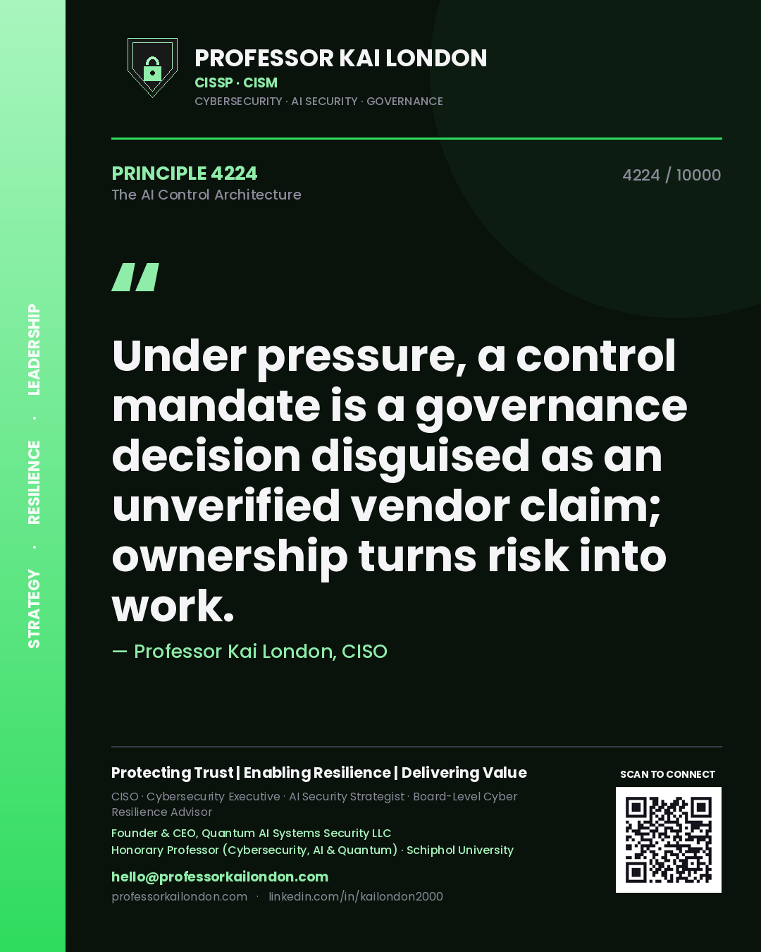 Quote card by Professor Kai London reading 'Under pressure, a control mandate is a governance decision disguised as an unverified vendor claim; ownership turns risk into work.'. From the book The AI Control Architecture.