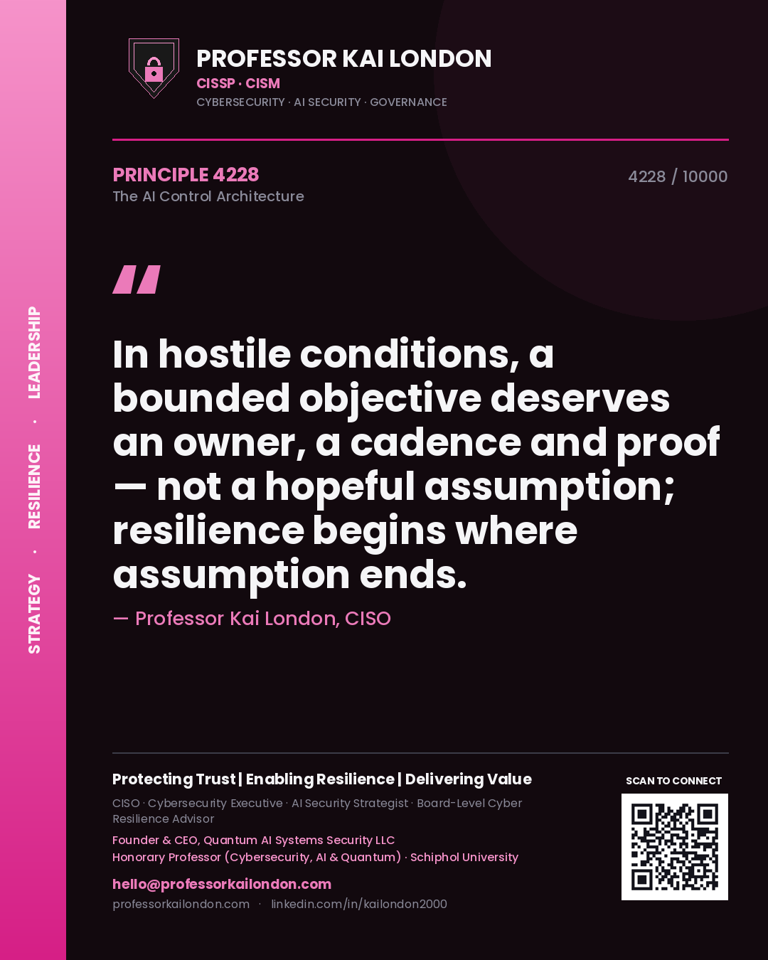 Professor Kai London principle 4228: In hostile conditions, a bounded objective deserves an owner, a cadence and proof — not a hopeful assumption; resilience begins where assumption ends.