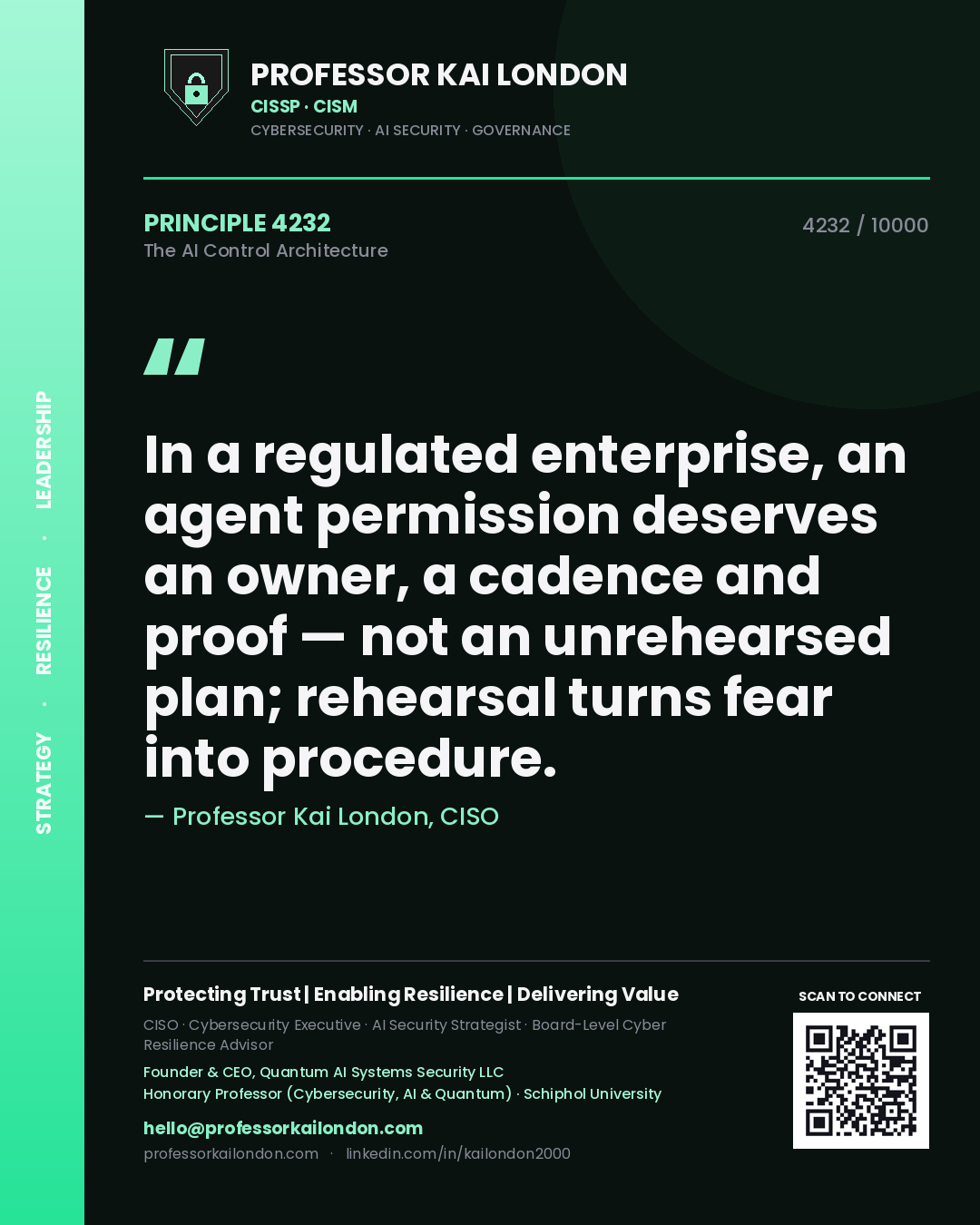Quote card by Professor Kai London reading 'In a regulated enterprise, an agent permission deserves an owner, a cadence and proof — not an unrehearsed plan; rehearsal turns fear into procedure.'. From the book The AI Control Architecture.