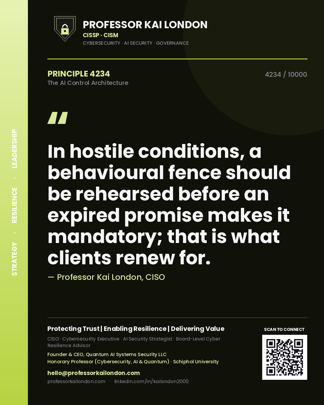 Quote card by Professor Kai London reading 'In hostile conditions, a behavioural fence should be rehearsed before an expired promise makes it mandatory; that is what clients renew for.'. From the book The AI Control Architecture.