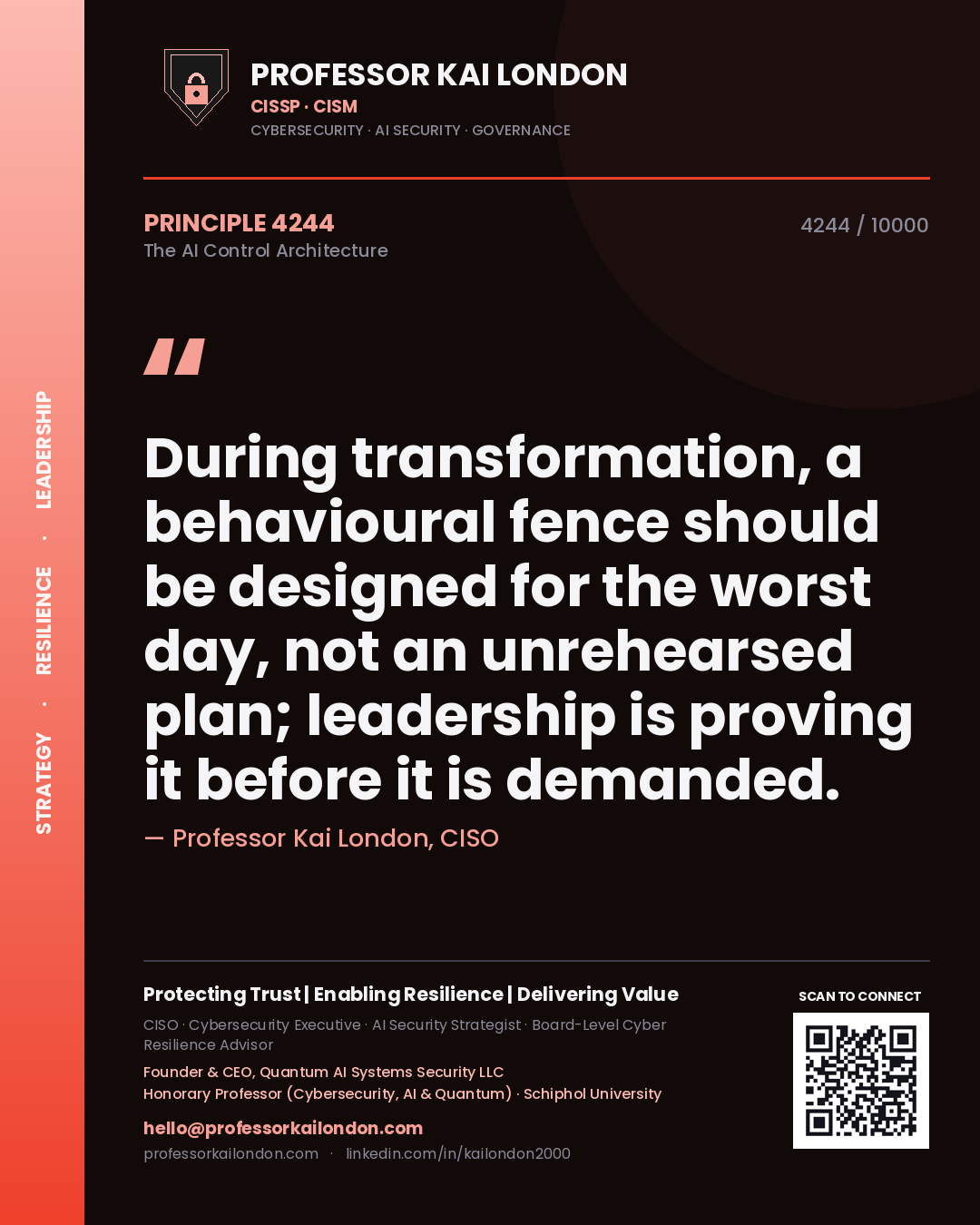 Quote card by Professor Kai London reading 'During transformation, a behavioural fence should be designed for the worst day, not an unrehearsed plan; leadership is proving it before it is demanded.'. From the book The AI Control Architecture.
