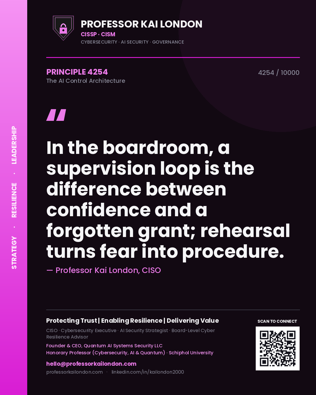 Quote card by Professor Kai London reading 'In the boardroom, a supervision loop is the difference between confidence and a forgotten grant; rehearsal turns fear into procedure.'. From the book The AI Control Architecture.