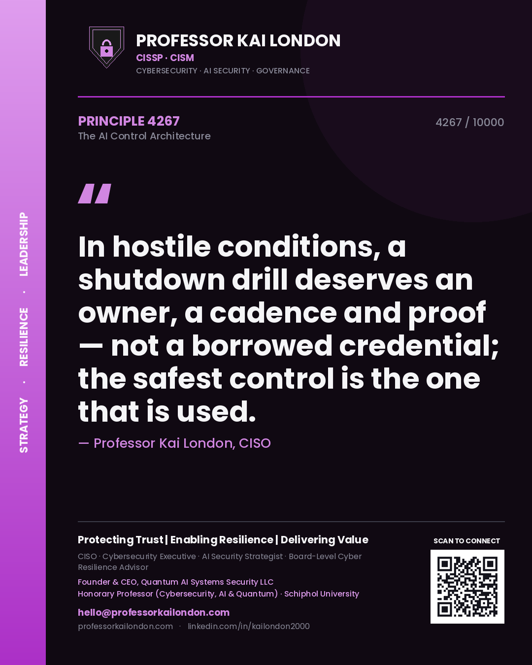Quote card by Professor Kai London reading 'In hostile conditions, a shutdown drill deserves an owner, a cadence and proof — not a borrowed credential; the safest control is the one that is used.'. From the book The AI Control Architecture.