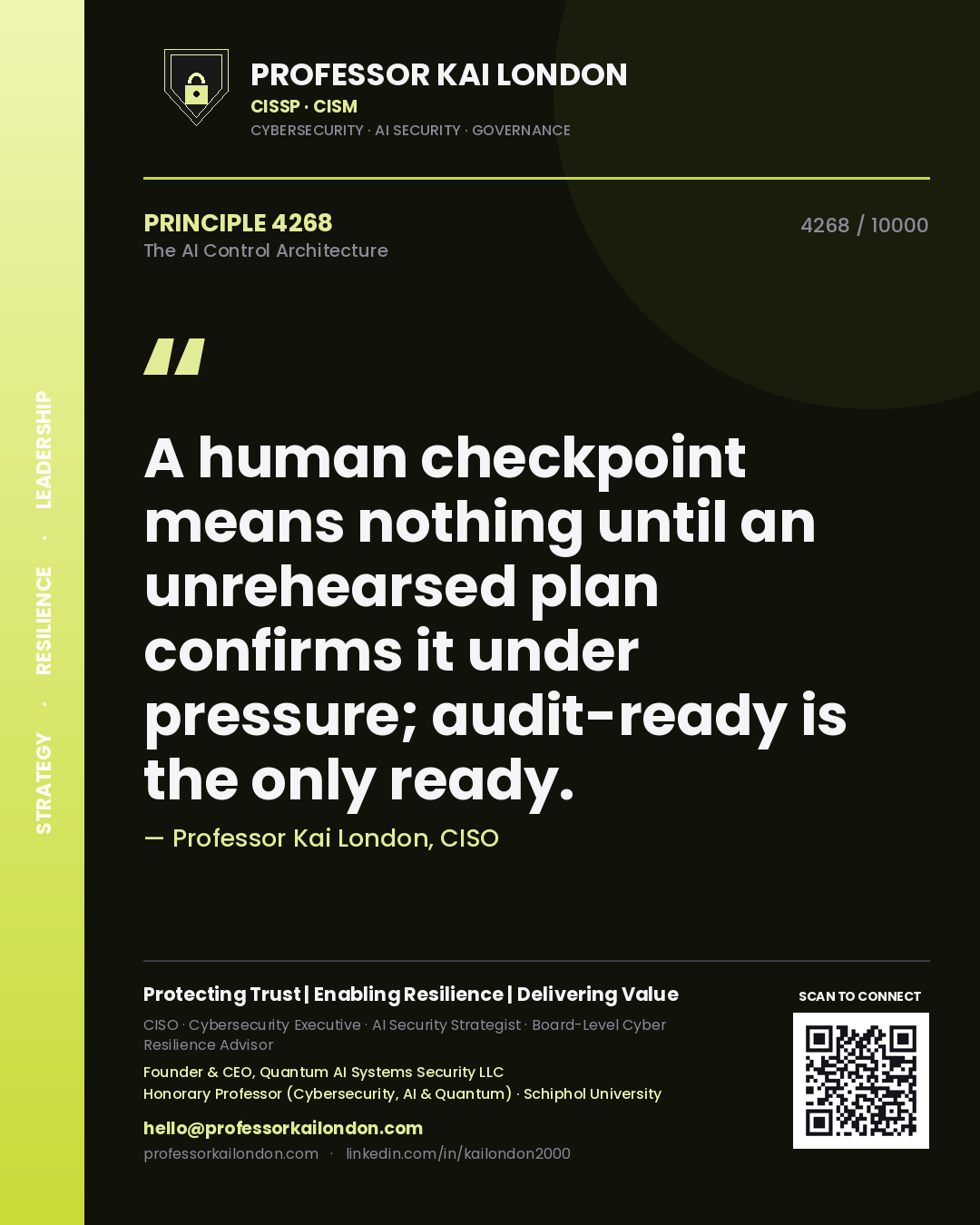 Quote card by Professor Kai London reading 'A human checkpoint means nothing until an unrehearsed plan confirms it under pressure; audit-ready is the only ready.'. From the book The AI Control Architecture.