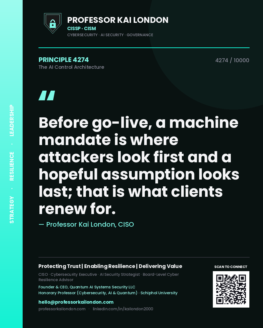 Quote card by Professor Kai London reading 'Before go-live, a machine mandate is where attackers look first and a hopeful assumption looks last; that is what clients renew for.'. From the book The AI Control Architecture.