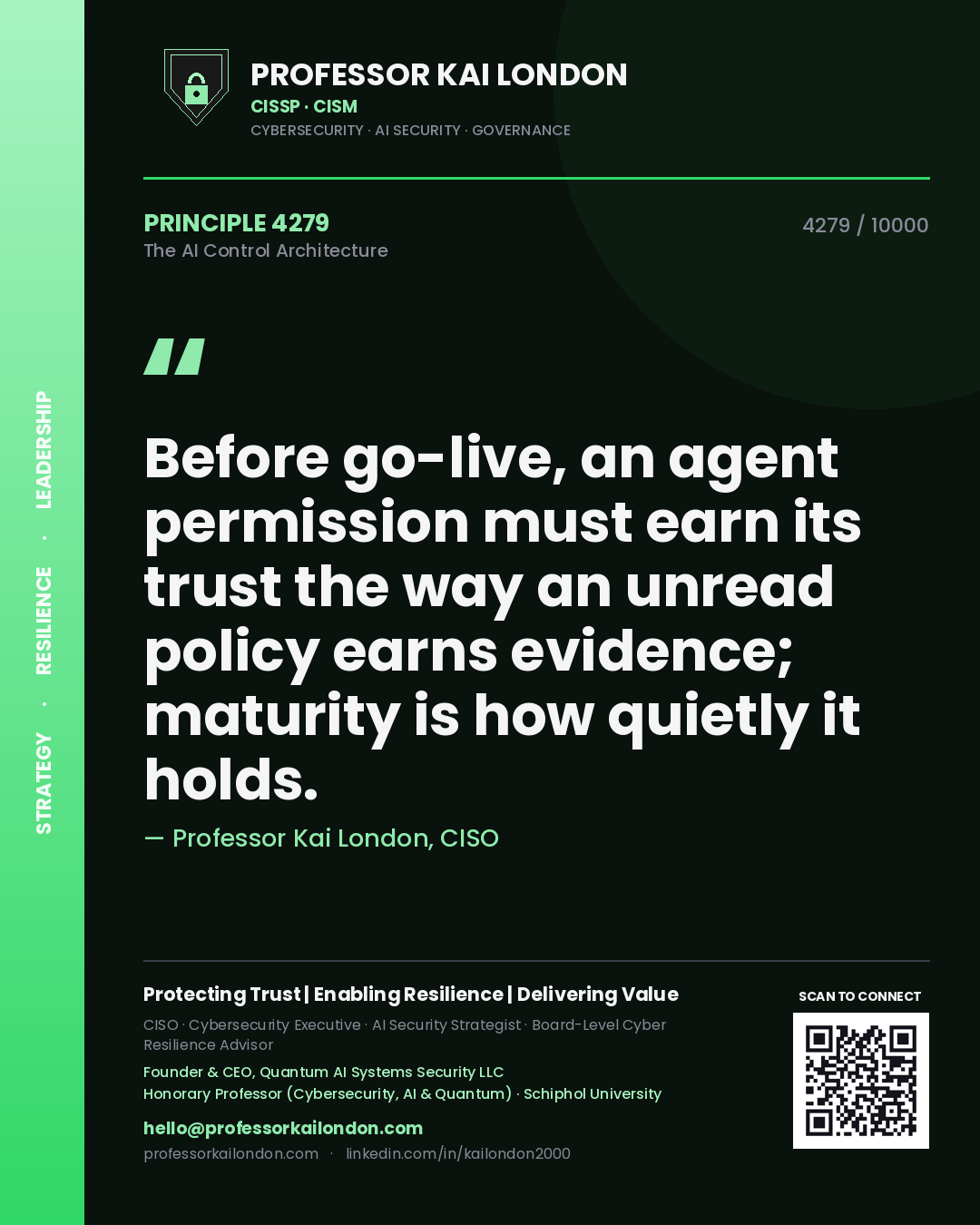 Quote card by Professor Kai London reading 'Before go-live, an agent permission must earn its trust the way an unread policy earns evidence; maturity is how quietly it holds.'. From the book The AI Control Architecture.