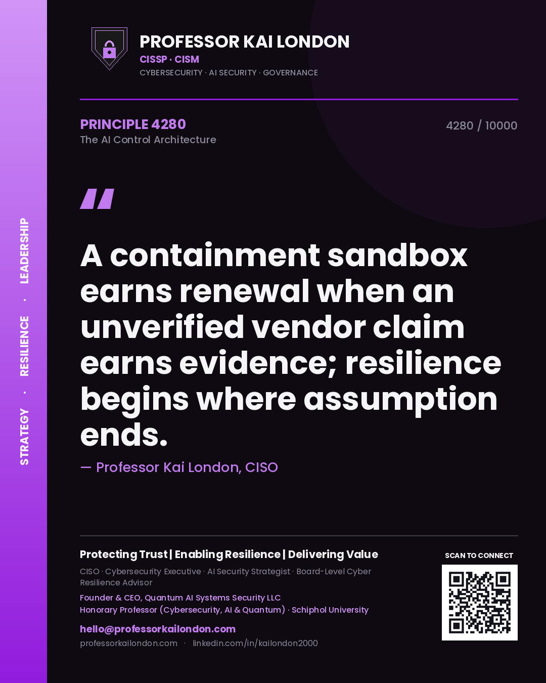 Quote card by Professor Kai London reading 'A containment sandbox earns renewal when an unverified vendor claim earns evidence; resilience begins where assumption ends.'. From the book The AI Control Architecture.