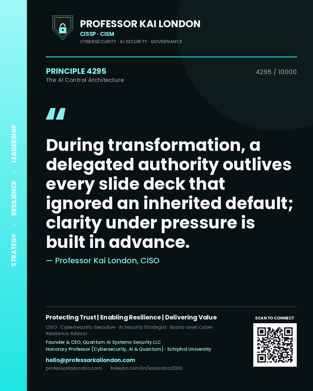 Quote card by Professor Kai London reading 'During transformation, a delegated authority outlives every slide deck that ignored an inherited default; clarity under pressure is built in advance.'. From the book The AI Control Architecture.