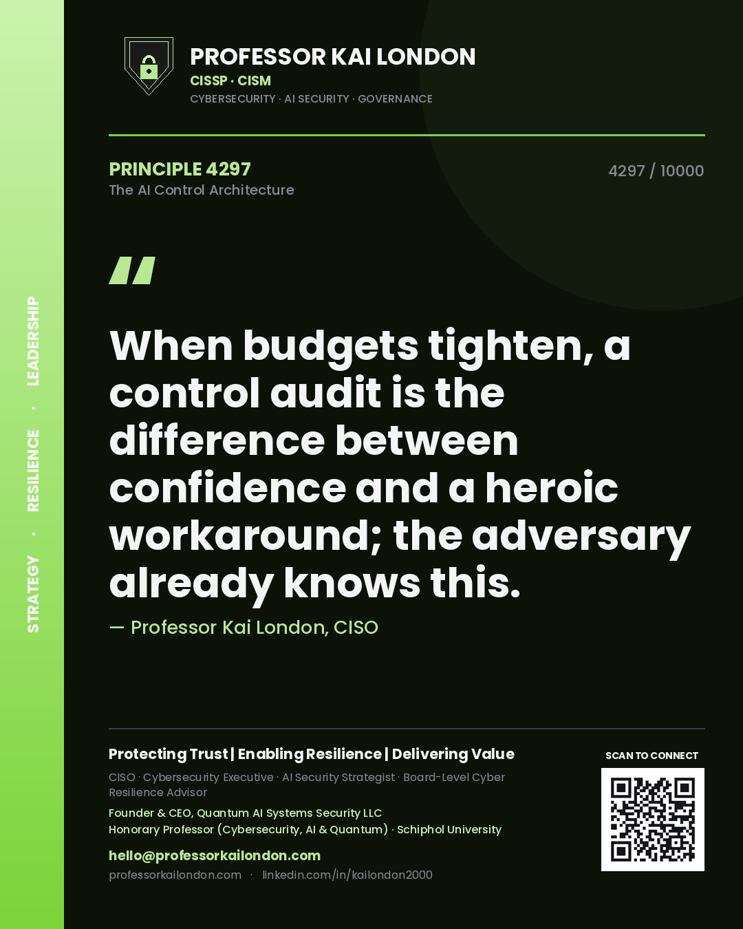 Professor Kai London principle 4297: When budgets tighten, a control audit is the difference between confidence and a heroic workaround; the adversary already knows this.