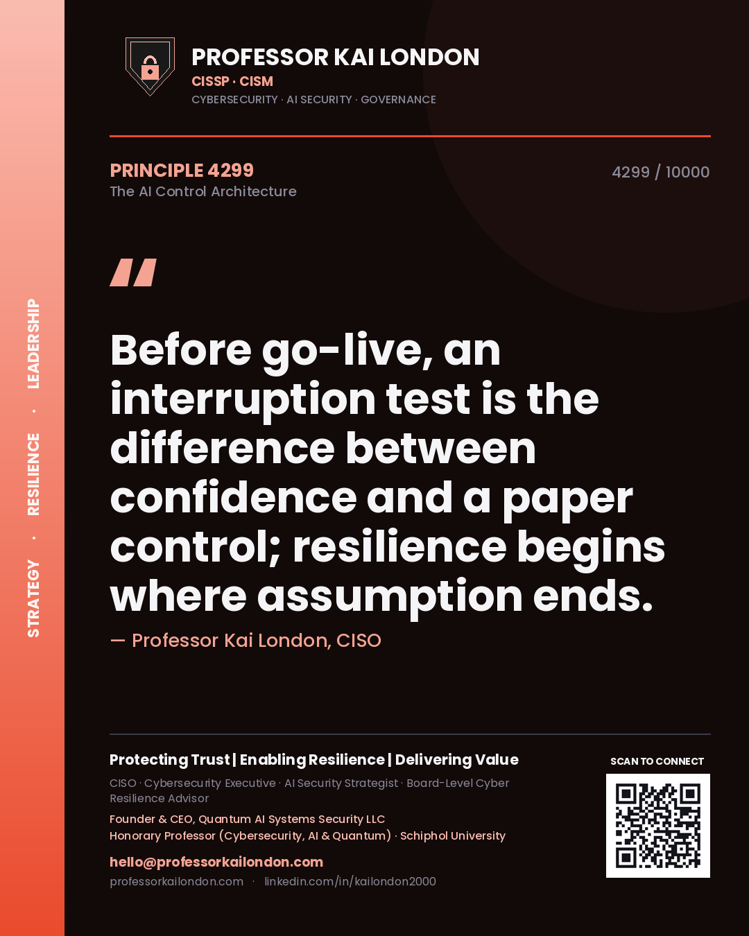 Quote card by Professor Kai London reading 'Before go-live, an interruption test is the difference between confidence and a paper control; resilience begins where assumption ends.'. From the book The AI Control Architecture.