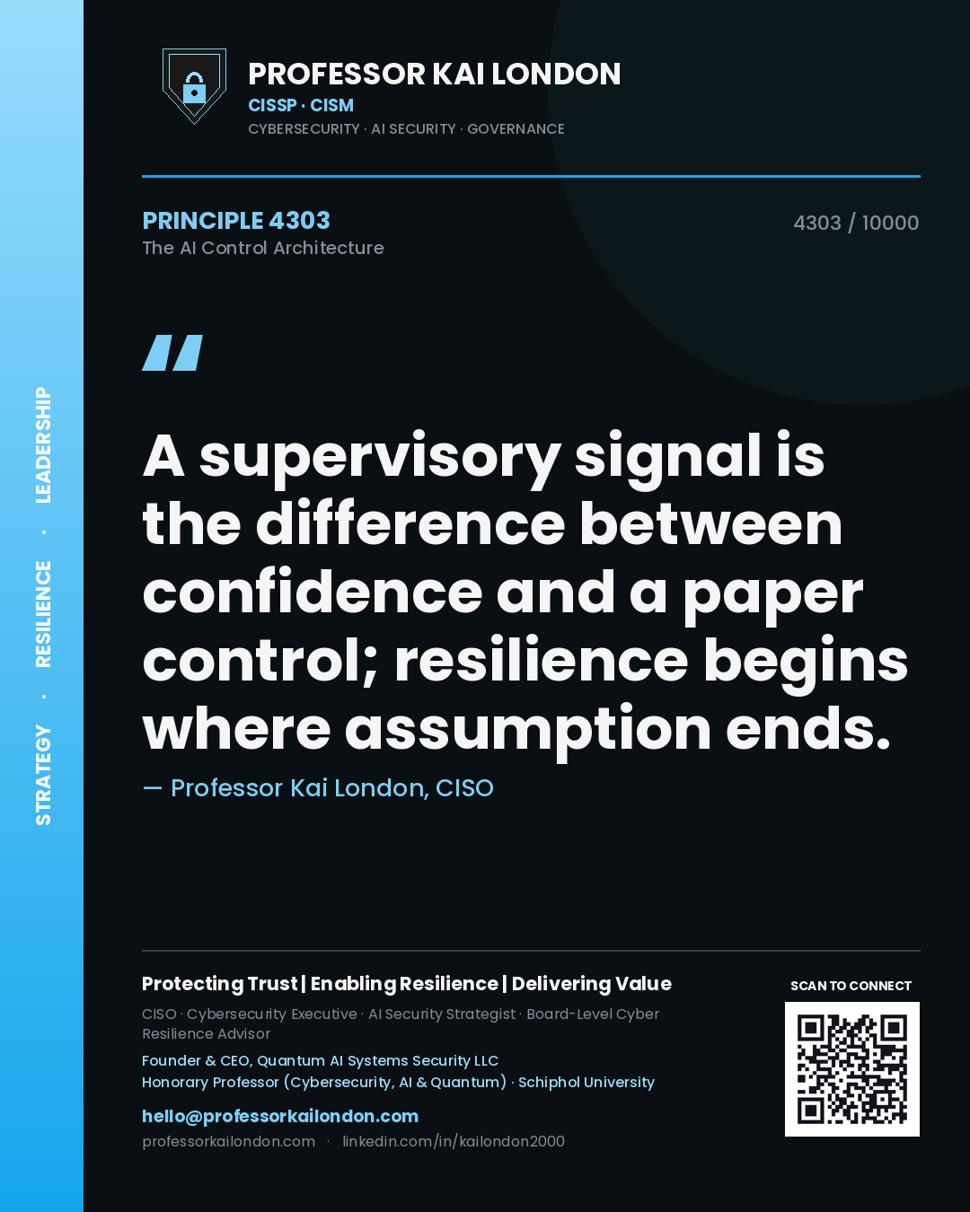 Quote card by Professor Kai London reading 'A supervisory signal is the difference between confidence and a paper control; resilience begins where assumption ends.'. From the book The AI Control Architecture.