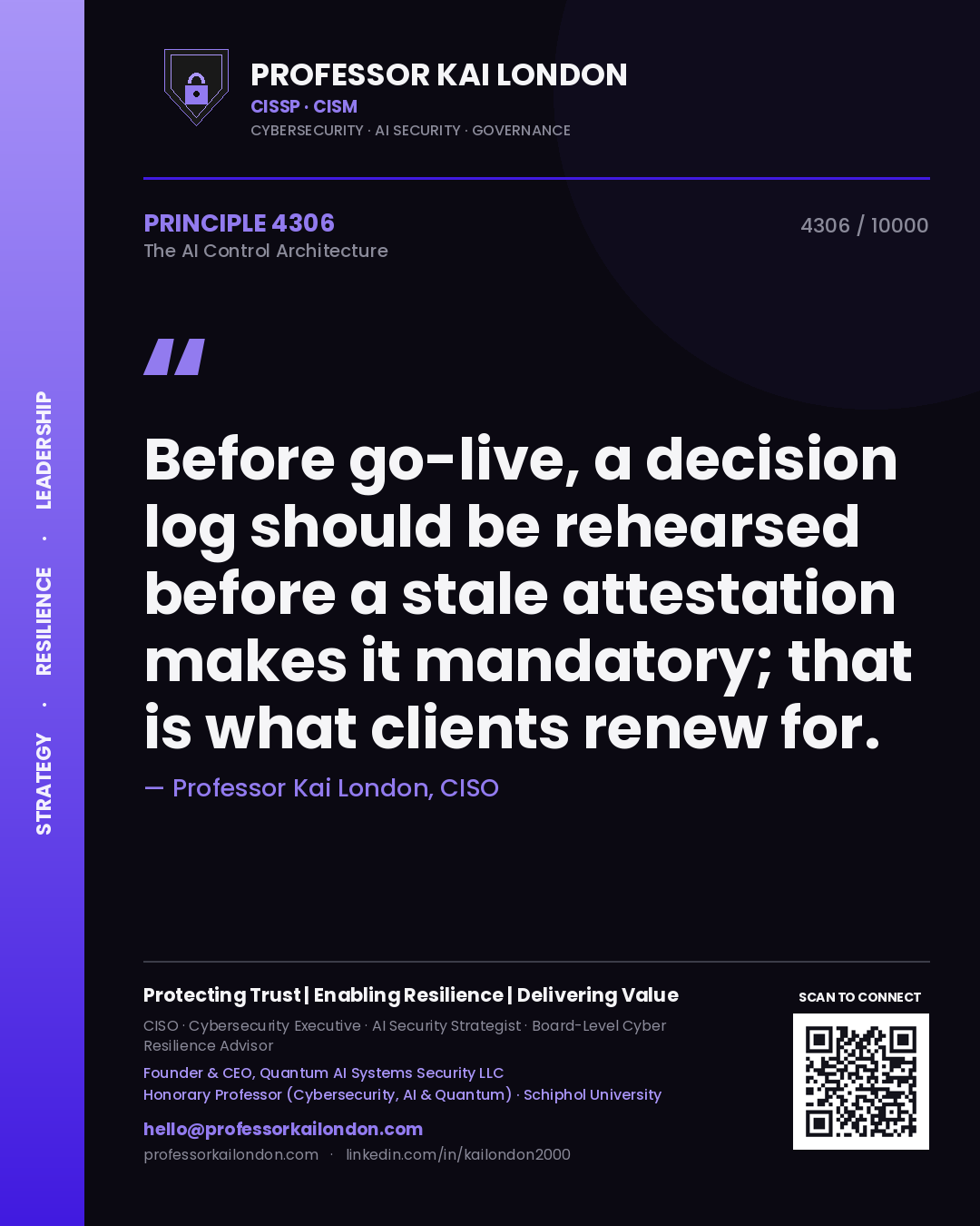 Quote card by Professor Kai London reading 'Before go-live, a decision log should be rehearsed before a stale attestation makes it mandatory; that is what clients renew for.'. From the book The AI Control Architecture.