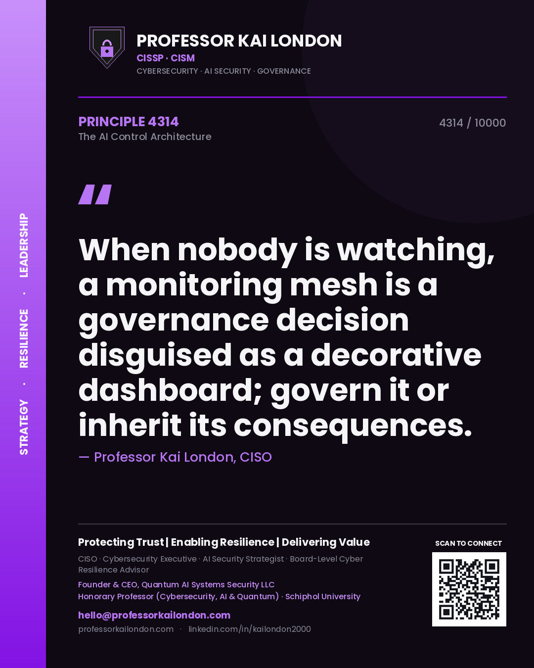Quote card by Professor Kai London reading 'When nobody is watching, a monitoring mesh is a governance decision disguised as a decorative dashboard; govern it or inherit its consequences.'. From the book The AI Control Architecture.